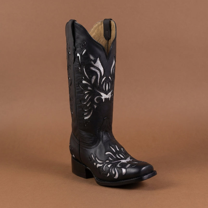 Load image into Gallery viewer, 2812 - RockinLeather Women's Black Square Toe Western Boot w/ Silver Inlays
