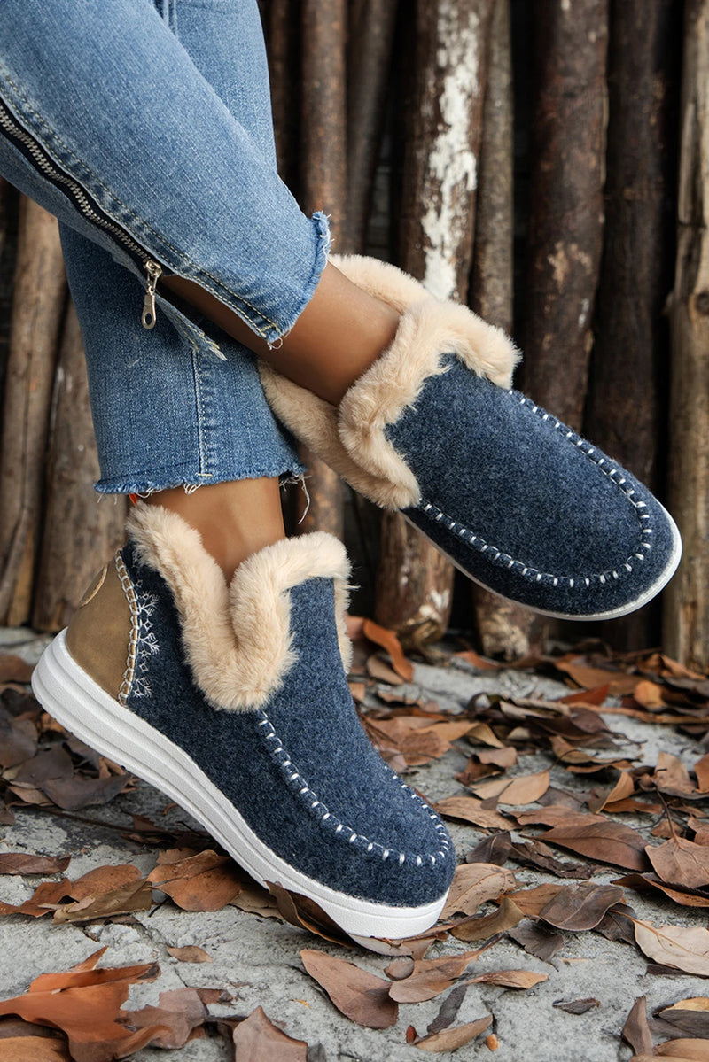Load image into Gallery viewer, DLLSHOE 123 - Blue Suede Stitching Patchwork Plush Lined Anklet Boots
