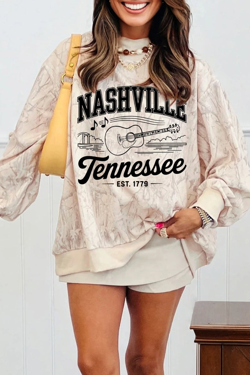 Load image into Gallery viewer, DLLS421 - Ladies Khaki Vintage Nashville Tennessee Tie Dye Baggy Sweatshirt
