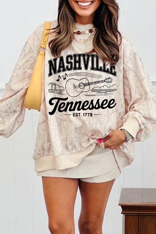 DLLS421 - Ladies Khaki Vintage Nashville Tennessee Tie Dye Baggy Sweatshirt