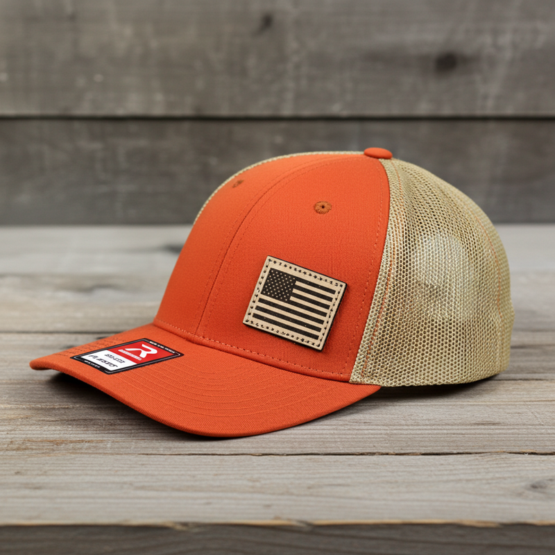 Load image into Gallery viewer, SA114 - Southern Addiction Dark Orange/Khaki FLEXFIT Light Leather American Flag Patch Cap
