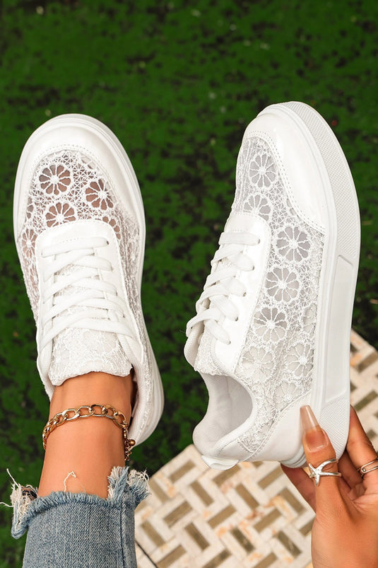 DLLSHOE 112 - White Sheer Floral Lace Slip-On Casual Sneakers