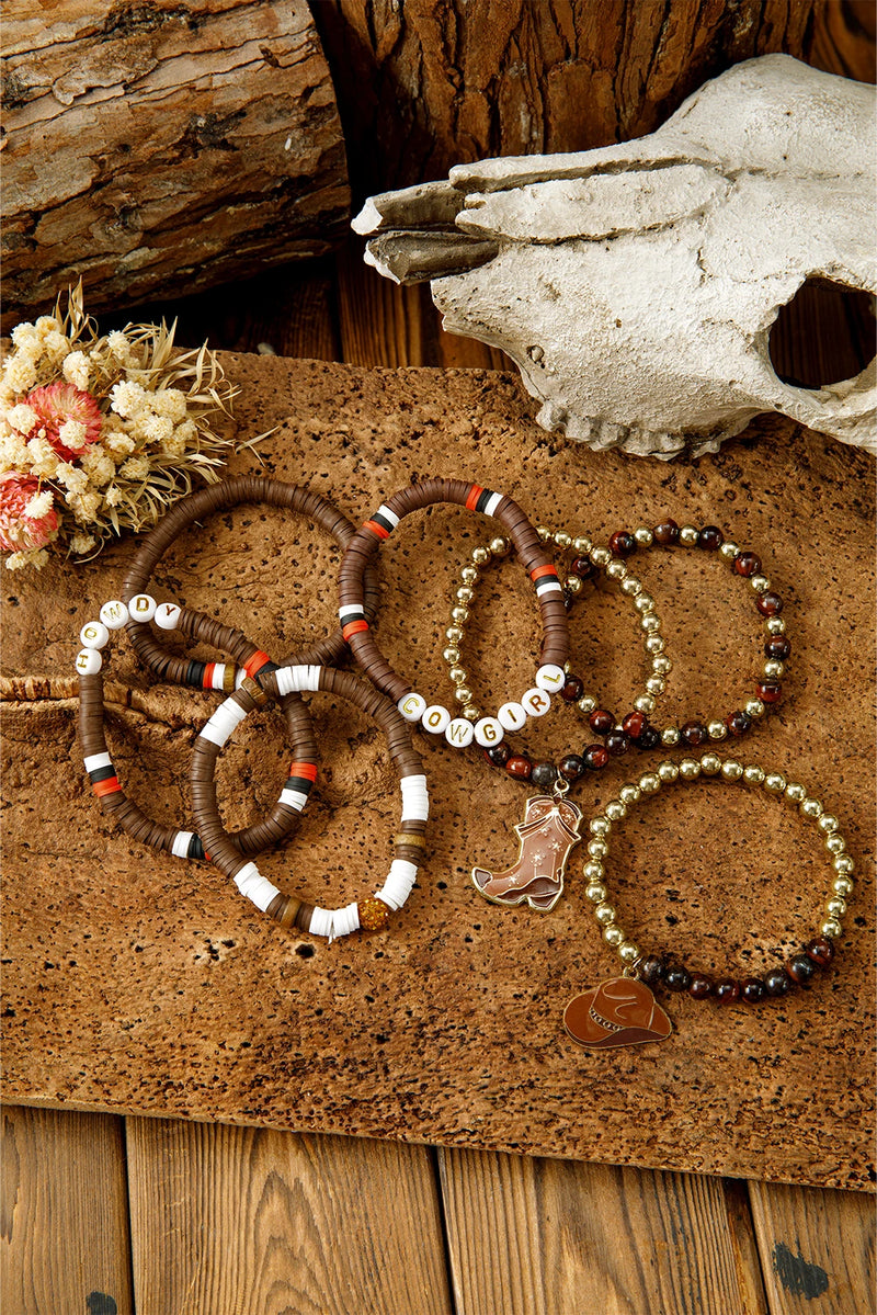 Load image into Gallery viewer, DLLBC 19 - Coffee HOWDY COWGIRL Western Beaded 7pcs Stretch Bracelet Set
