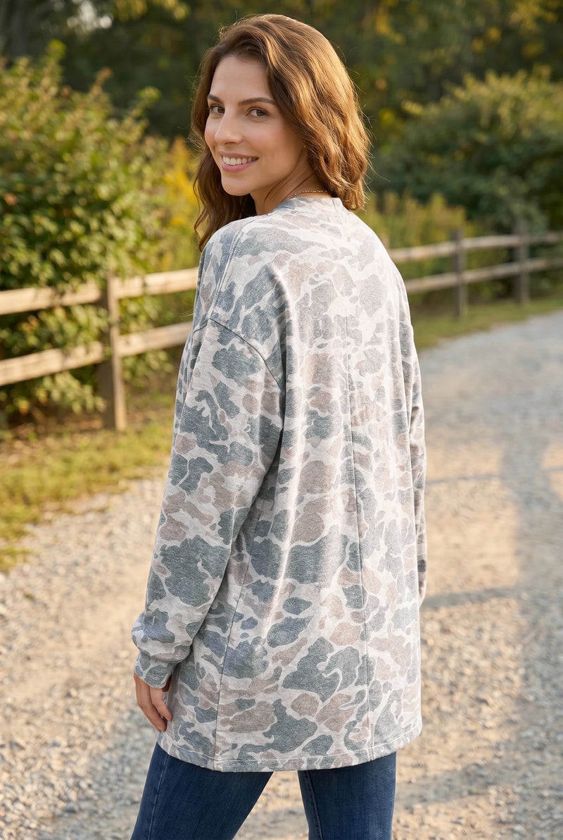 Load image into Gallery viewer, DLLS722 - Ladies Multicolour Camouflage Print Long Sleeve Open Front Tunic Cardigan
