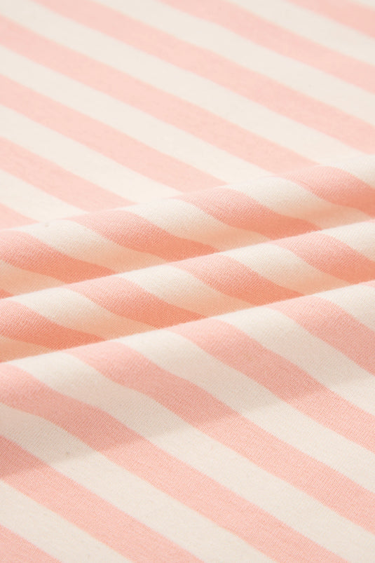 DLLS701 - Ladies Pink Stripe Contrast Neck Loose Tee and Drawstring Shorts Set