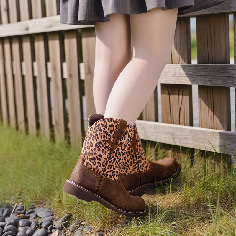 Load image into Gallery viewer, PLT303612 - Palitutu Women's Brown &amp; Leopard Leather Mid Calf Western Boots
