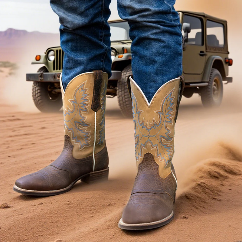 Load image into Gallery viewer, PLT103608 - Palitutu Men's Brown Embroidered Full-Grain Leather Square Toe Western Boots

