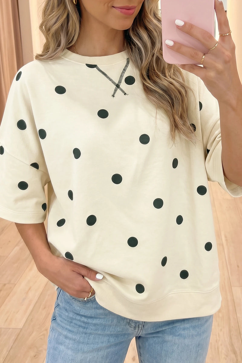 Load image into Gallery viewer, DLLS682 - Ladies Beige Polka Dot Print Crossed Seam Detail Oversize Tee
