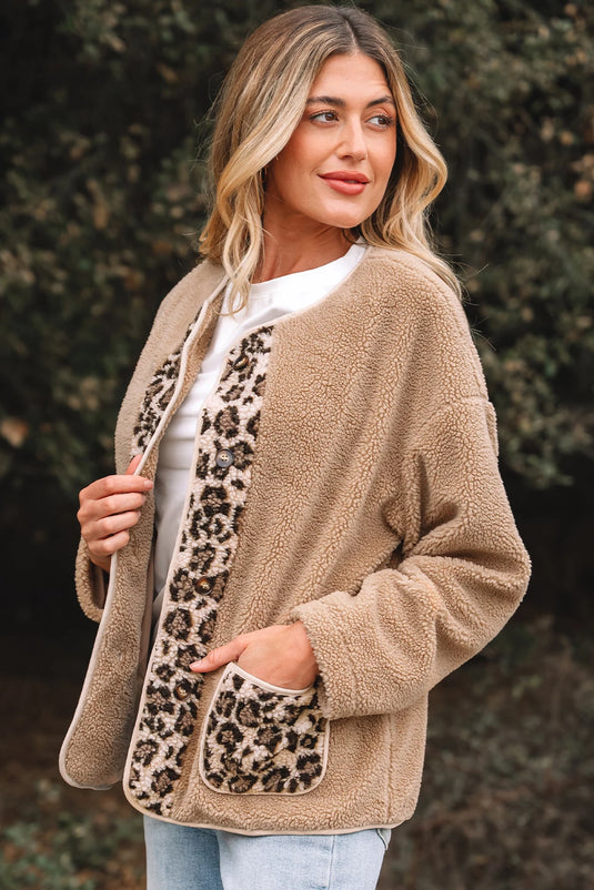 DLLS224 - Ladies Casual Leopard Print Accent Plush Jacket with Pockets