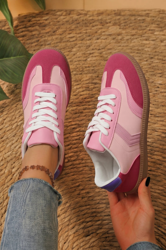 DLLSHOE 176 - Pink Color Block PU Leather Lace-Up Rubber Sole Flat Shoes