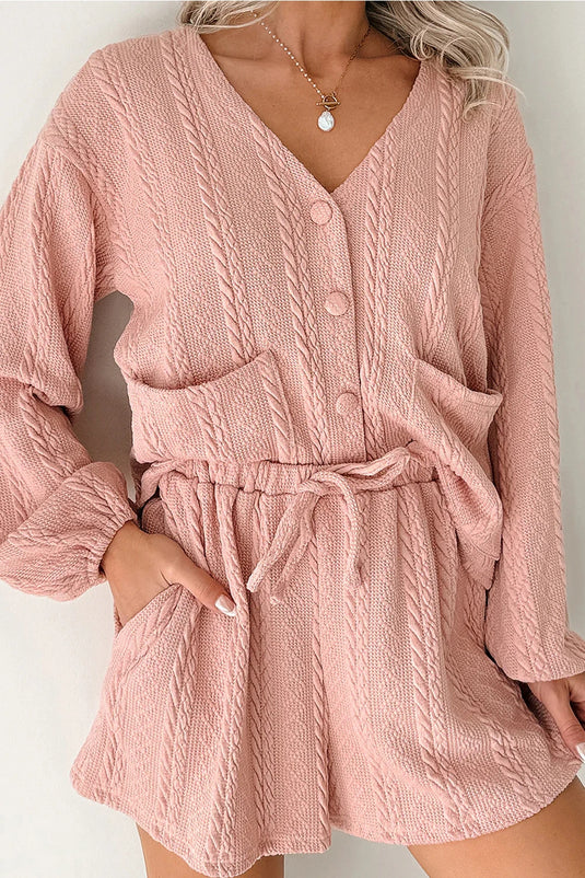 DLLS369 - Ladies Gossamer Pink Cable Knit V Neck Cardigan Shorts Set