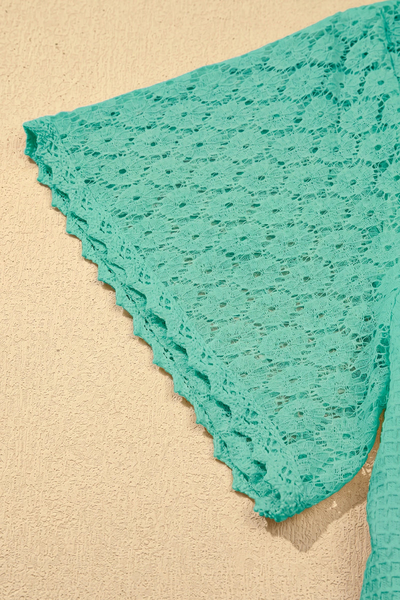 Load image into Gallery viewer, DLLS702 - Ladies Mint Green Lace Splicing Button Cutout V Neck Waffle Knit Blouse
