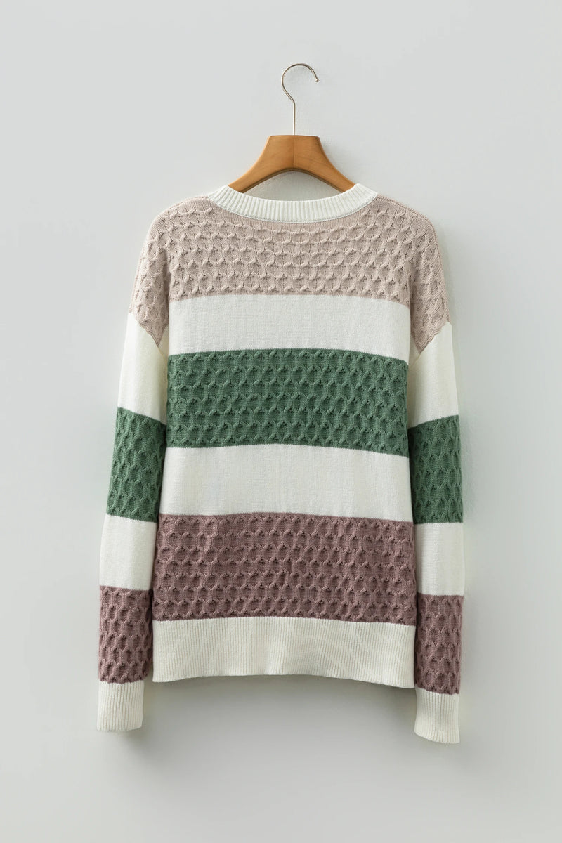 Load image into Gallery viewer, DLLS336 - Ladies Green Mixed Texture Knit Striped Color Block Loose Sweater
