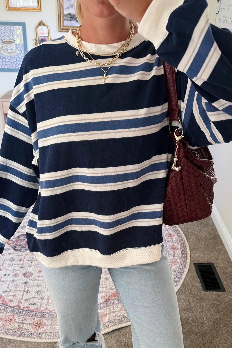 Load image into Gallery viewer, DLLS968 - Ladies Blue Stripe Ribbed Color Block Trim Round Neck Dropped Shoulder Sweatshirt
