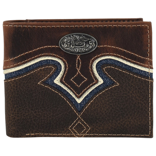 24152138W10 - Justin Men's Genuine Leather Large Bifold Wallet, Yoke W/Denim Inlay
