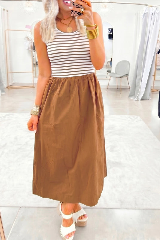 DLLS733 - Ladies Chestnut Striped Colorblock Patchwork Sleeveless Casual Long Dress