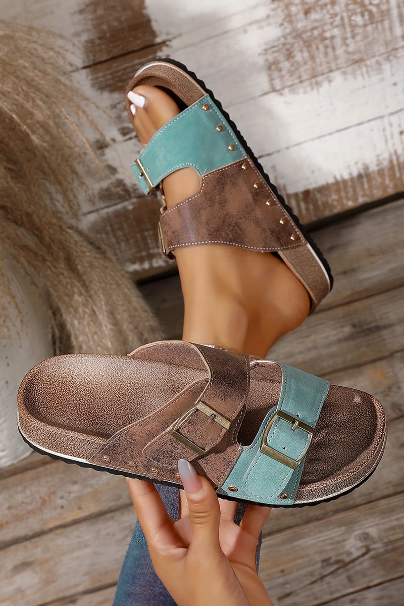 Load image into Gallery viewer, DLLSHOE 24 - Light Blue Two-tone Retro Buckle Straps Hollowed Faux Suede Slippers
