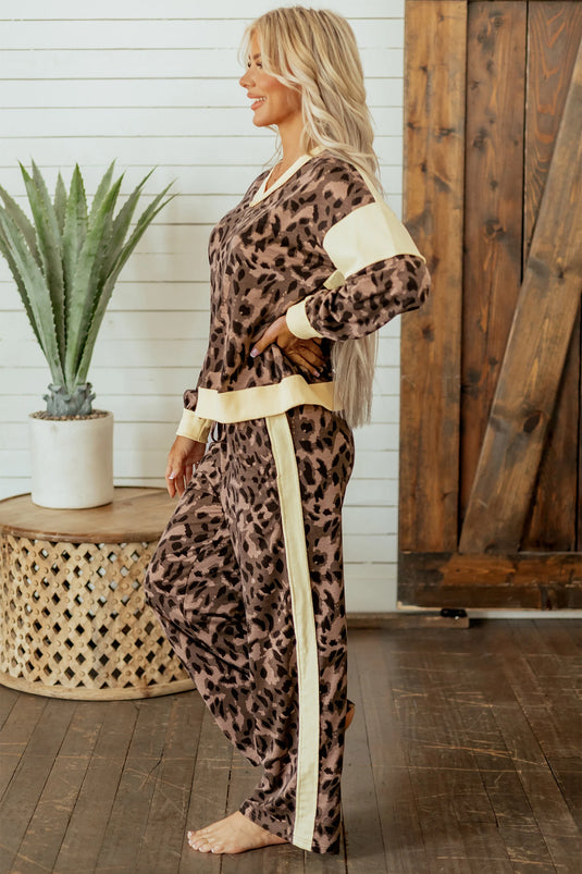 DLLS1086 - Ladies Brown Leopard Print Long Sleeve V-Neck Wide Leg Pant Set