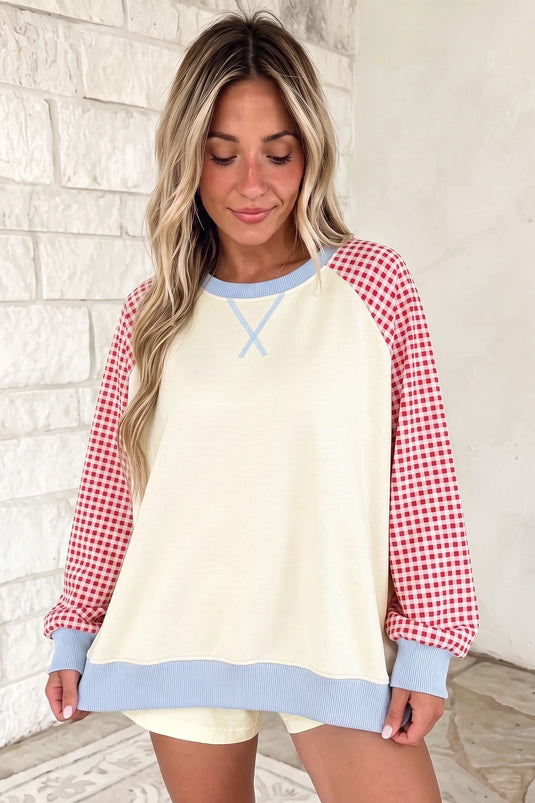 DLLS872 - Ladies Beige Plaid Sleeve Colorblock Raglan Pullover Sweatshirt