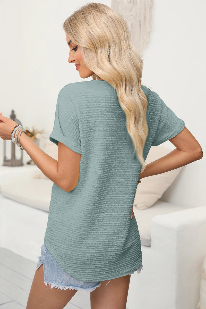 Load image into Gallery viewer, DLLS541 - Ladies Beau Blue Textured Wide Sleeve V Neck T Shirt
