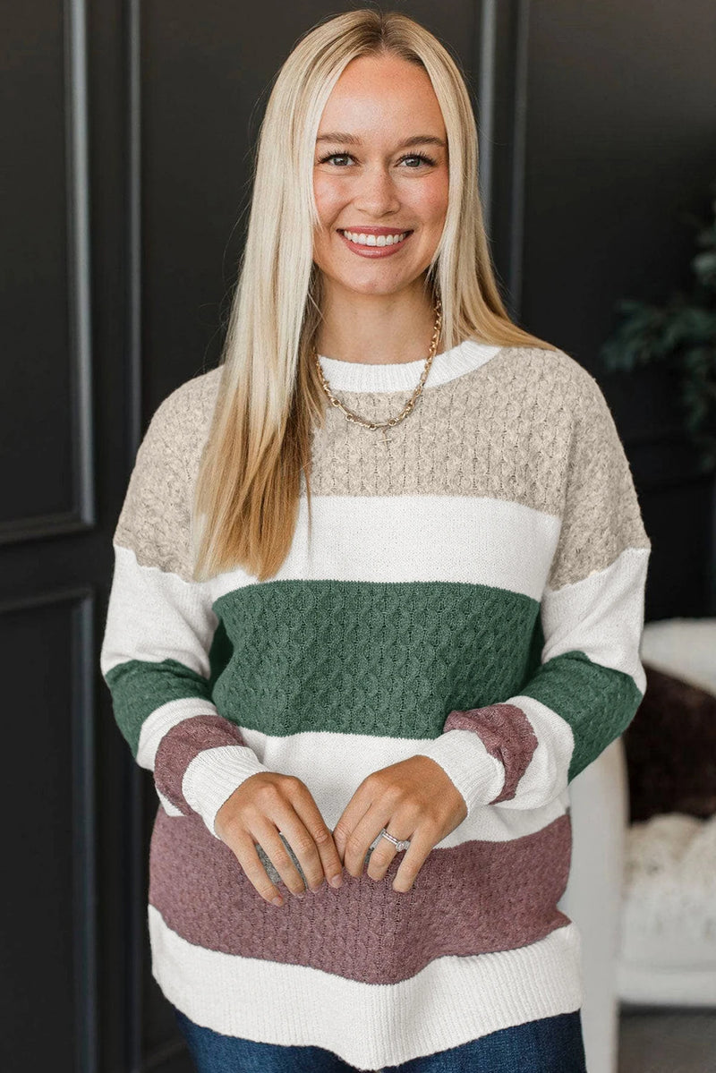 Load image into Gallery viewer, DLLS336 - Ladies Green Mixed Texture Knit Striped Color Block Loose Sweater

