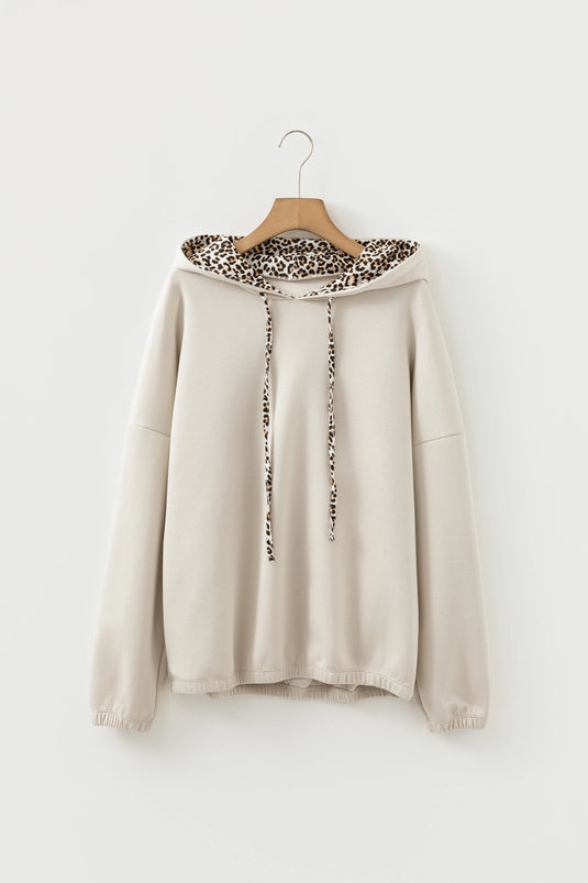 DLLS406 - Ladies Jet Stream Leopard Contrast Drawstring Hood Drop Shoulder Loose Top