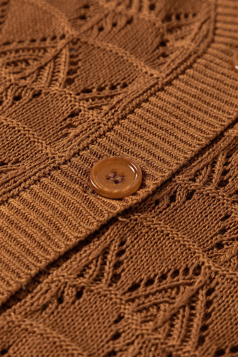 Load image into Gallery viewer, DLLS133 - Ladies Brown Lightweight Buttoned Front Crochet Cardigan
