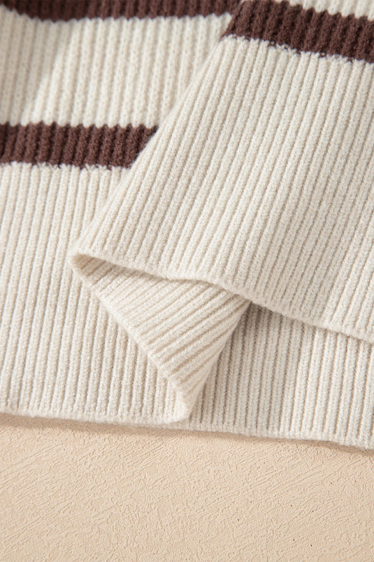 DLLS294 - Ladies Brown Stripe Ribbed Henley Drop Shoulder Slouchy Sweater