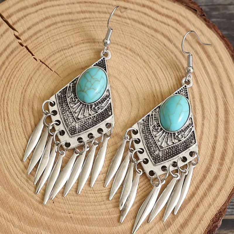 Load image into Gallery viewer, TMER4 - Turquoise Feather Dangle Earrings
