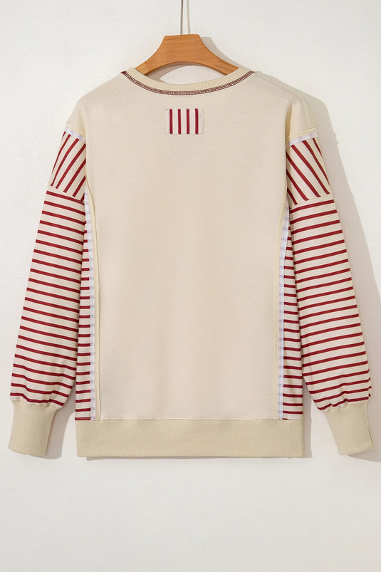 DLLS927 - Ladies Red Stripe Sleeve Patchwork Casual Knit Top