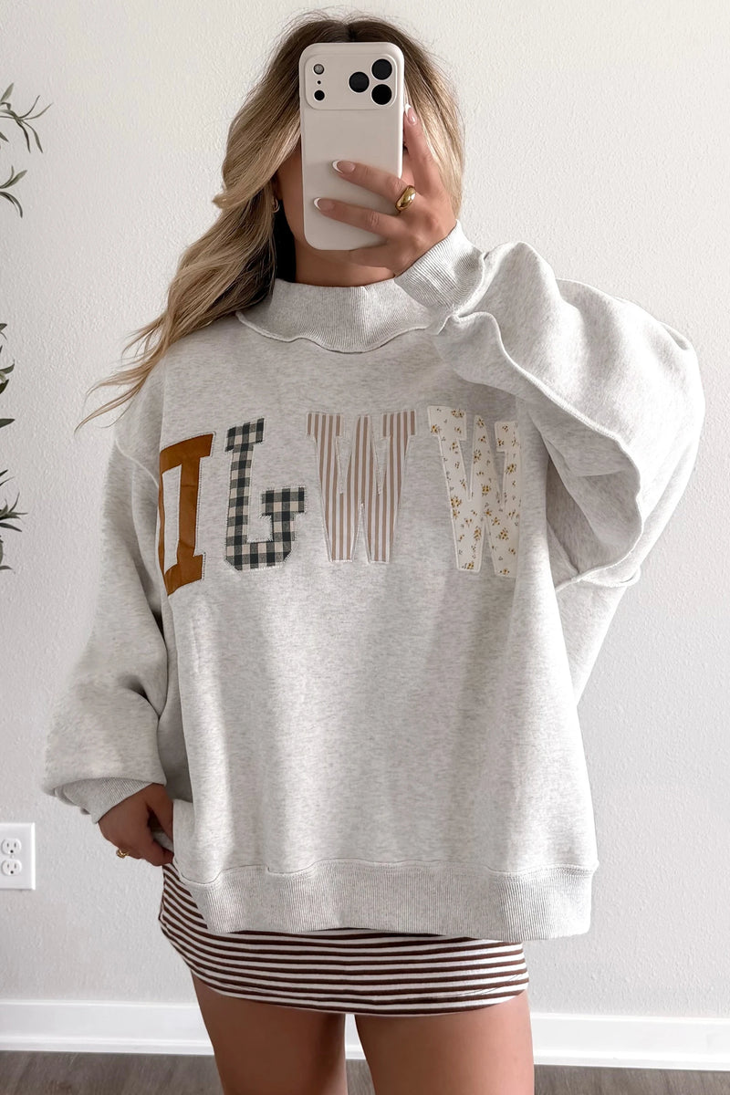 Load image into Gallery viewer, DLLS898 - Ladies Gray WWJD Embroidered Patch Graphic Mock Neck Sweatshirt
