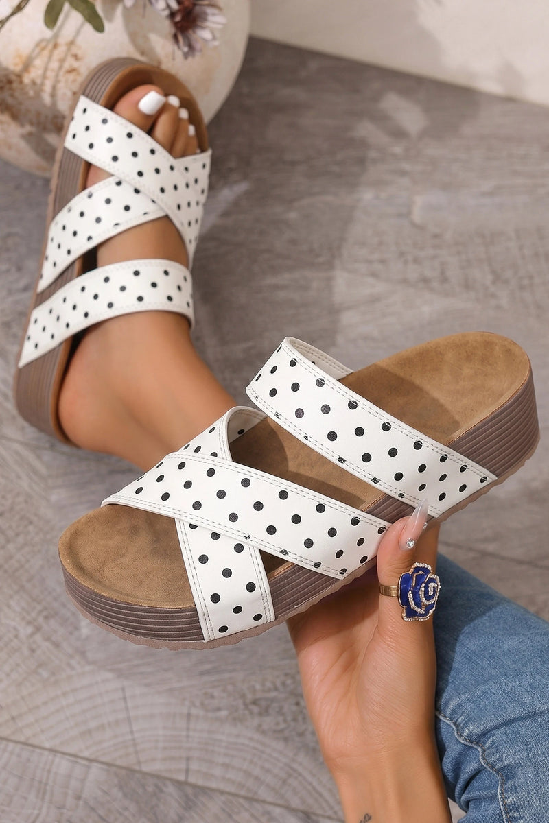 Load image into Gallery viewer, DLLSHOE 150 - White Polka Dot Crossed Band Soft Suede Platform Slippers
