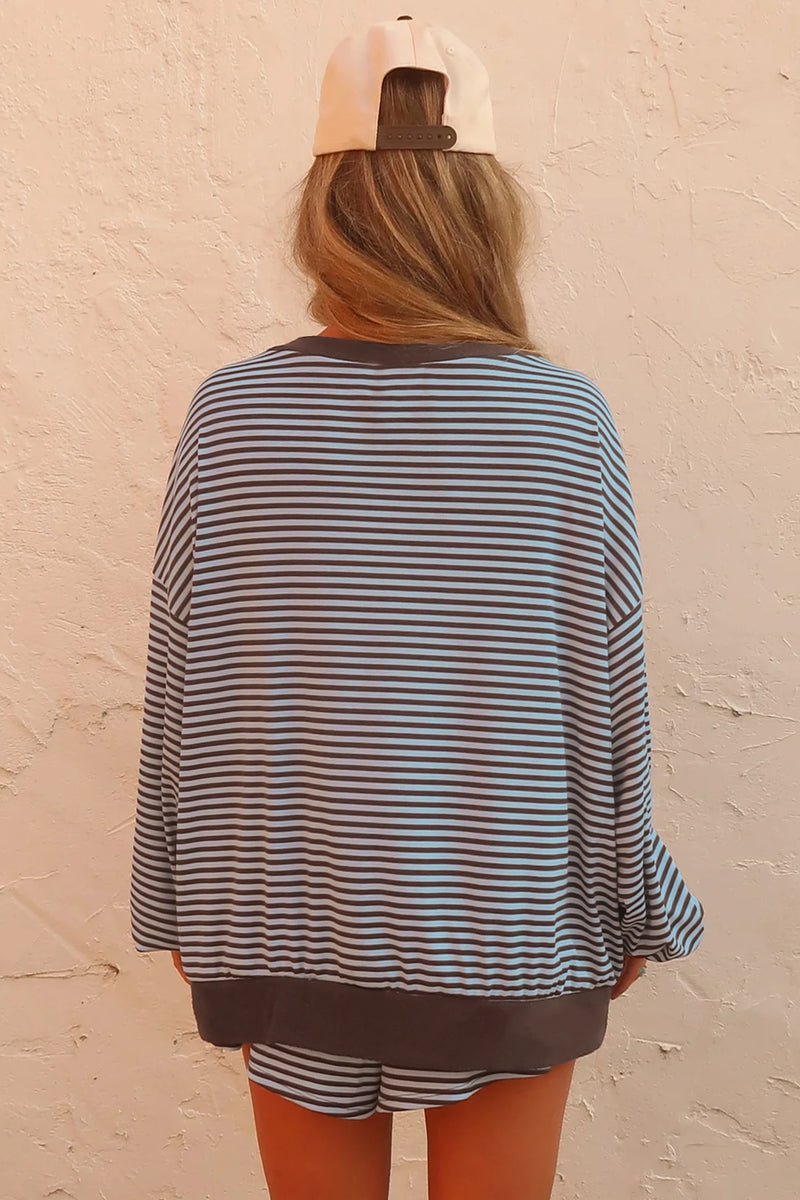 Load image into Gallery viewer, DLLS1083 - Ladies Brown Stripe Oversized Long Sleeve Top Drawstring Loose Shorts 2pcs Set

