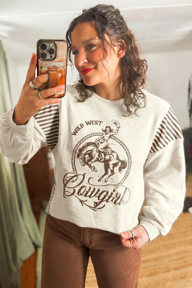 Load image into Gallery viewer, DLLS687 - Ladies Jet Stream Western Print Patchwork Striped Shift Sweater
