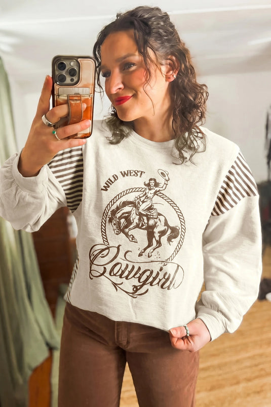 DLLS687 - Ladies Jet Stream Western Print Patchwork Striped Shift Sweater