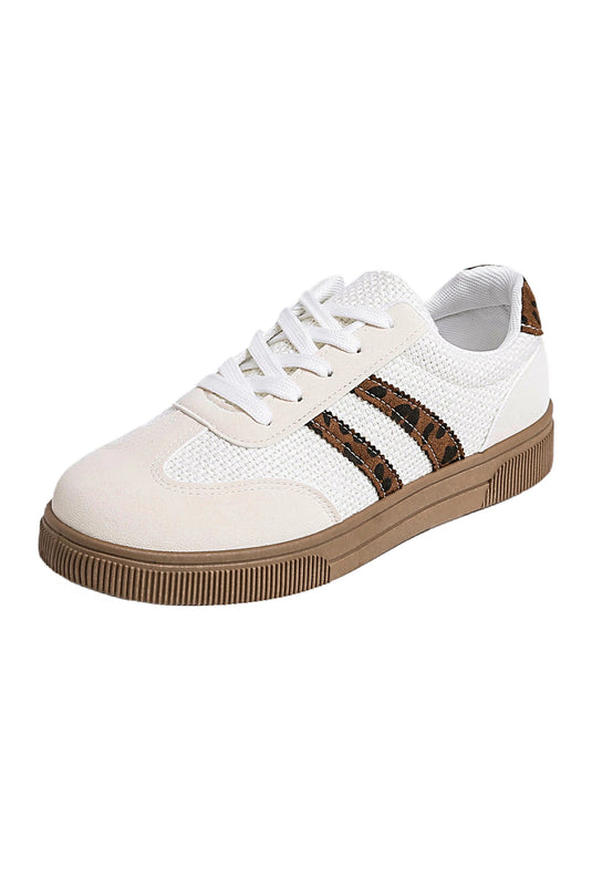 DLLSHOE 28 - White Textured Woven PU Leather Leopard Patchwork Flat Sneakers