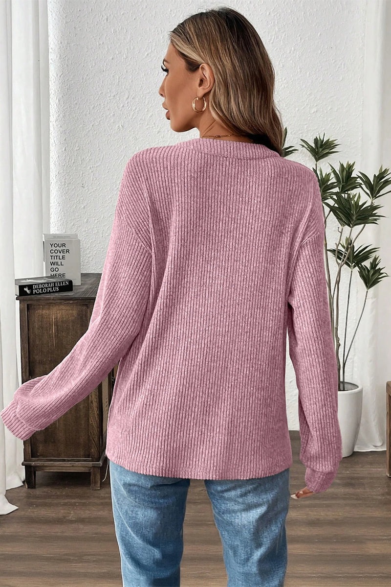Load image into Gallery viewer, DLLS280 - Ladies Pink Ribbed Texture Drop Shoulder Henley Knit Top
