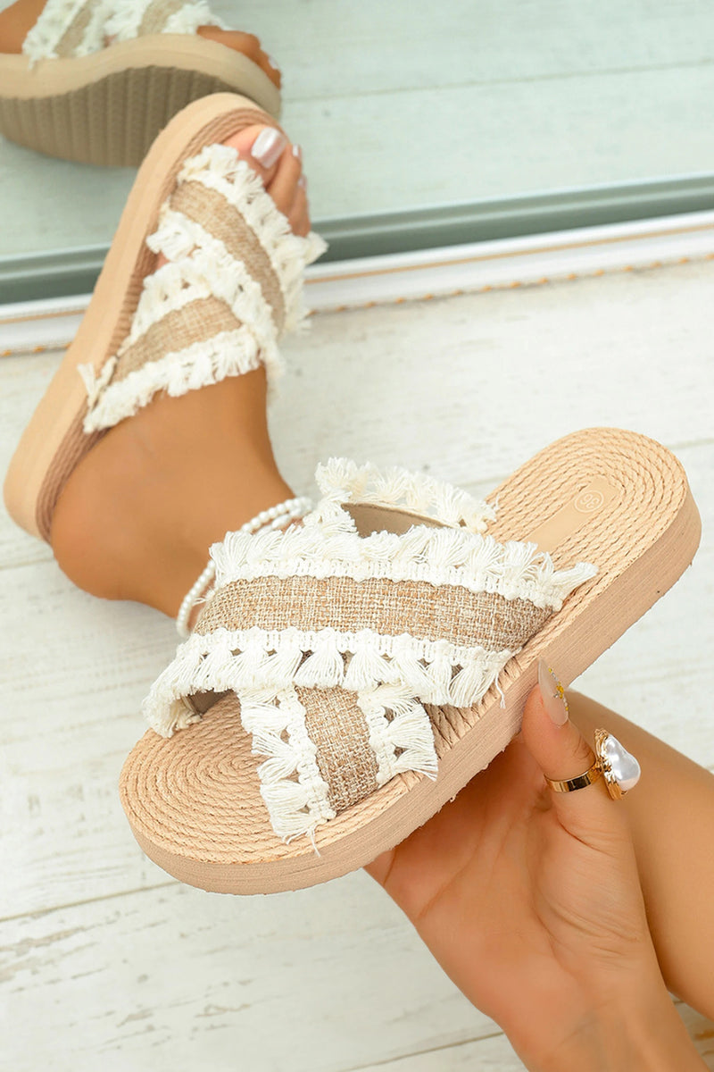Load image into Gallery viewer, DLLSHOE 118 - Khaki Boho Contrast Tassel Detail Crossed Band Flat Slippers
