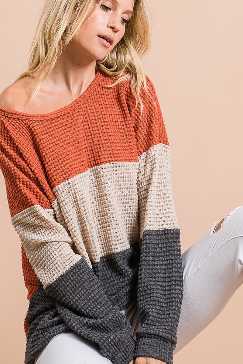 Load image into Gallery viewer, BIBI8- Ladies Color Block Popcorn Waffle Knit Pullover
