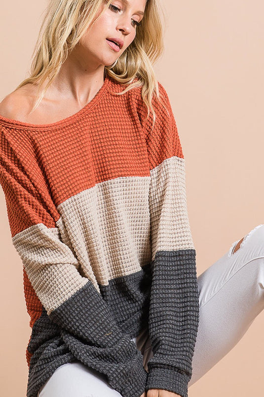BIBI8- Ladies Color Block Popcorn Waffle Knit Pullover