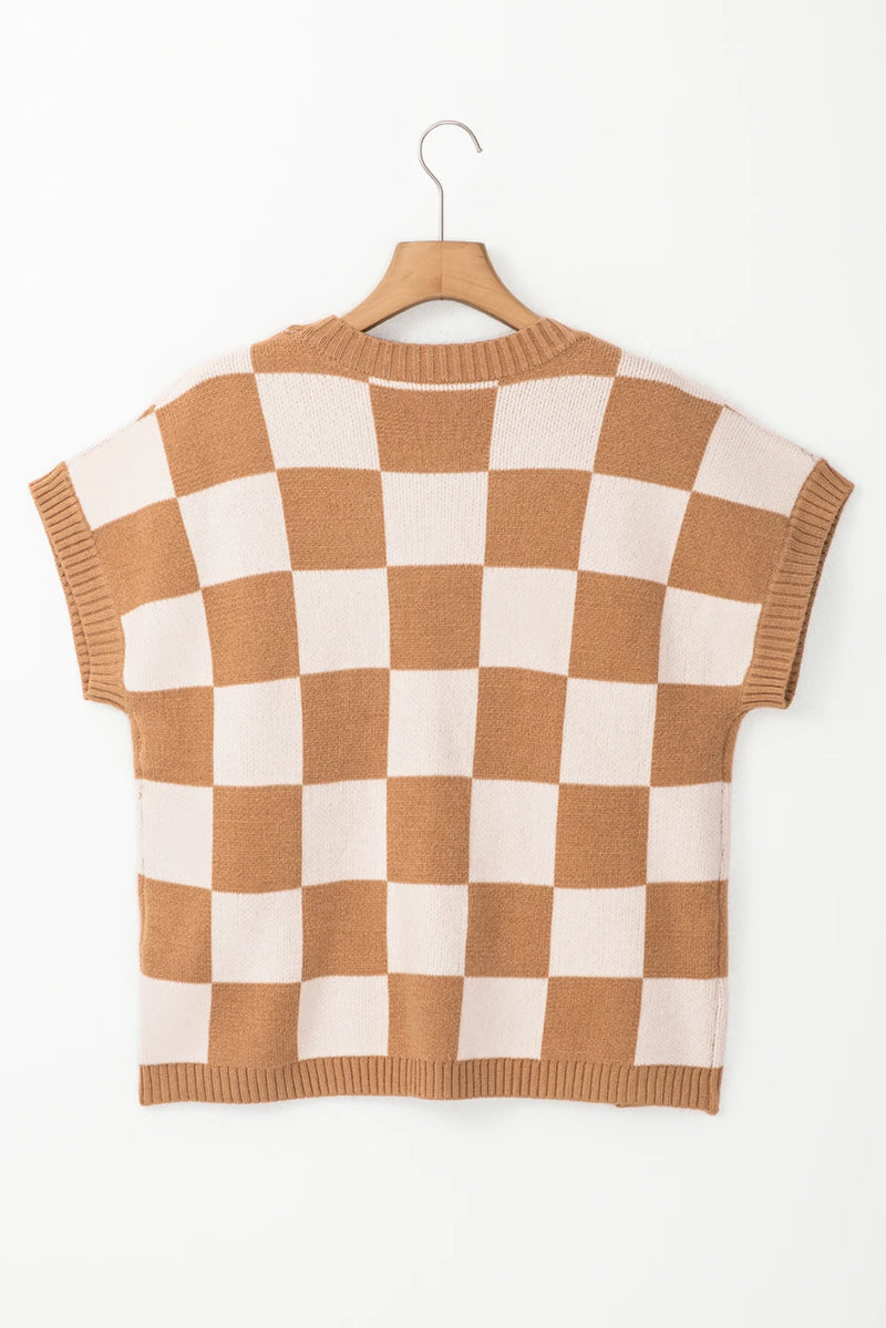 Load image into Gallery viewer, DLLS504 - Ladies Light Beige Colorblock Plaid Ribbed Trim Sweater Tank Top
