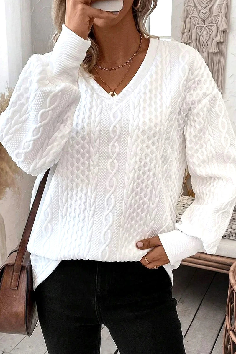 Load image into Gallery viewer, DLLS230 - Ladies White Solid Color Textured V Neck Drop Shoulder Knit Top
