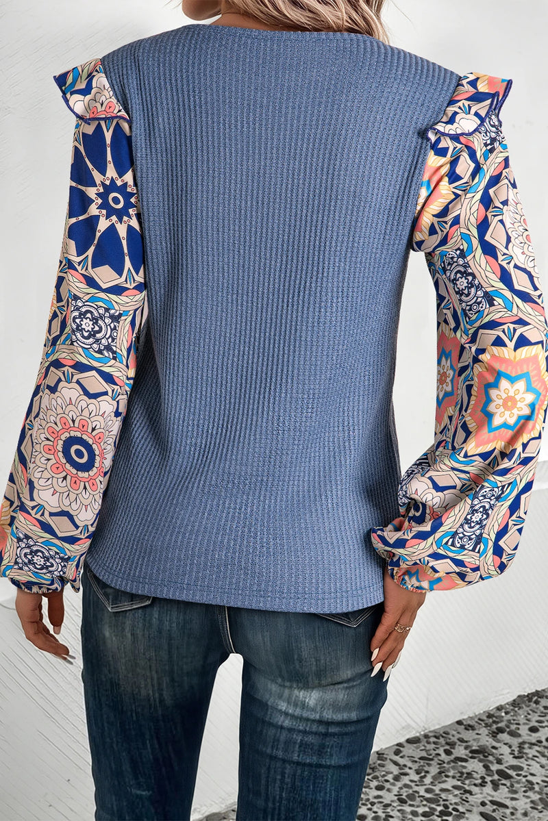 Load image into Gallery viewer, DLLS320 - Ladies Ashleigh Blue Ruffled Floral Sleeve Patchwork Waffle Knit O Neck Blouse
