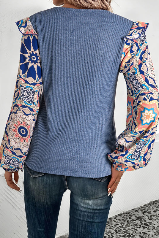 DLLS320 - Ladies Ashleigh Blue Ruffled Floral Sleeve Patchwork Waffle Knit O Neck Blouse