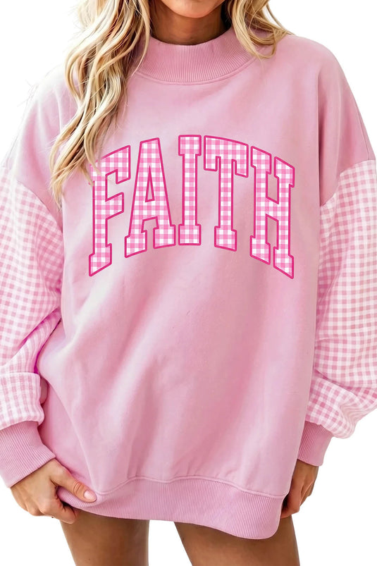 DLLS1150 - Ladies Pink FAITH Plaid Colorblock Pullover Sweatshirt