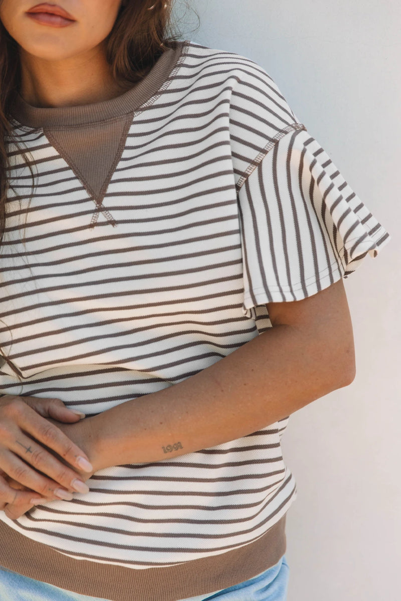 Load image into Gallery viewer, DLLS496 - Ladies Parchment Contrast Detail Striped Ruffle Short Sleeve Top
