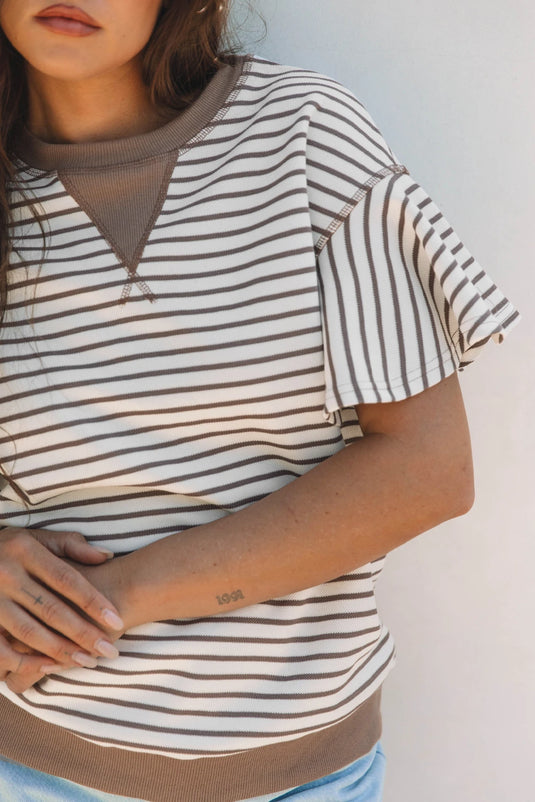 DLLS496 - Ladies Parchment Contrast Detail Striped Ruffle Short Sleeve Top