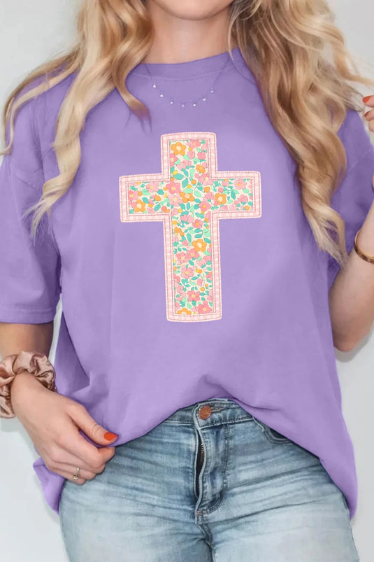 DLLS465 - Ladies Wisteria Easter Floral Cross Christian Casual Tee