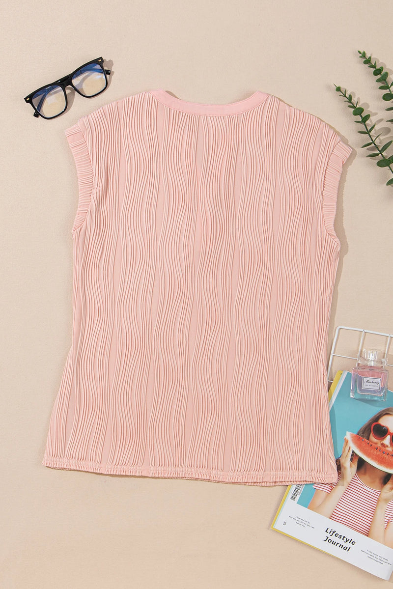Load image into Gallery viewer, DLLS503 - Ladies Pink Wavy Textured Button V Neck Tee
