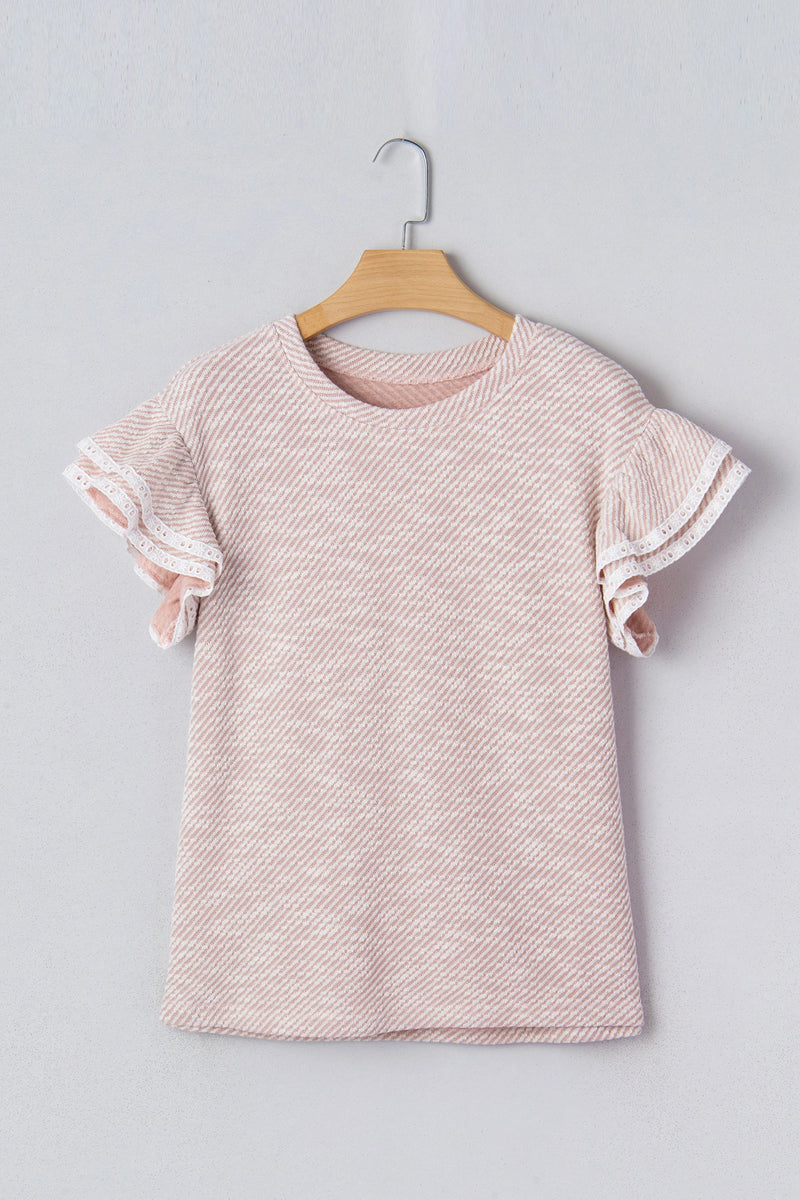 Load image into Gallery viewer, DLLS515 - Ladies Light Pink Twilled Print Lace Trim Ruffled Short Sleeve Blouse
